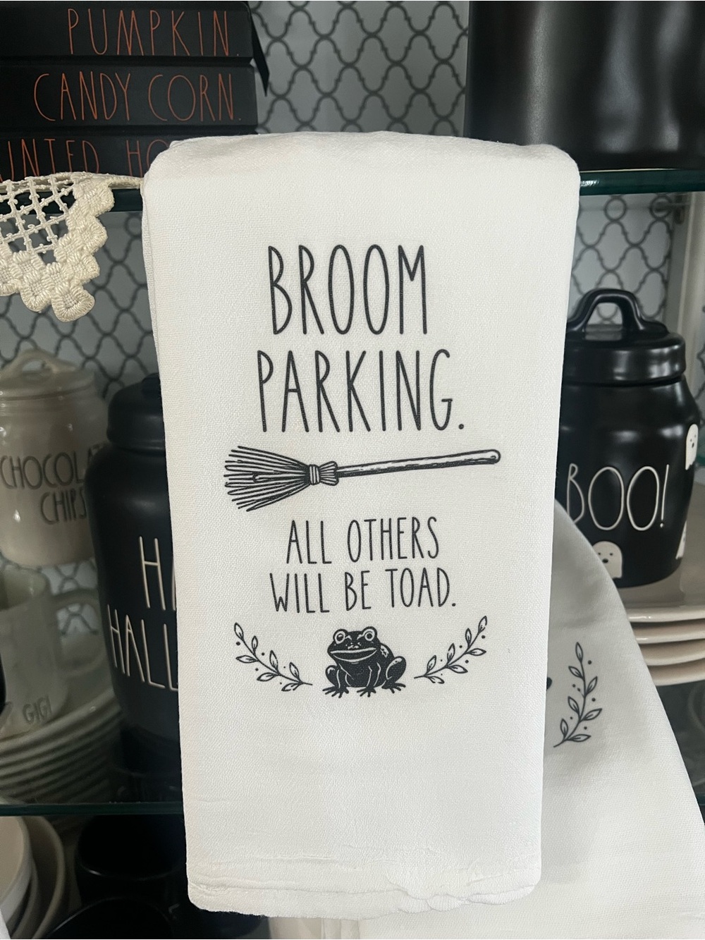 White Halloween 'Broom Parking' Decorative Kitchen Towel